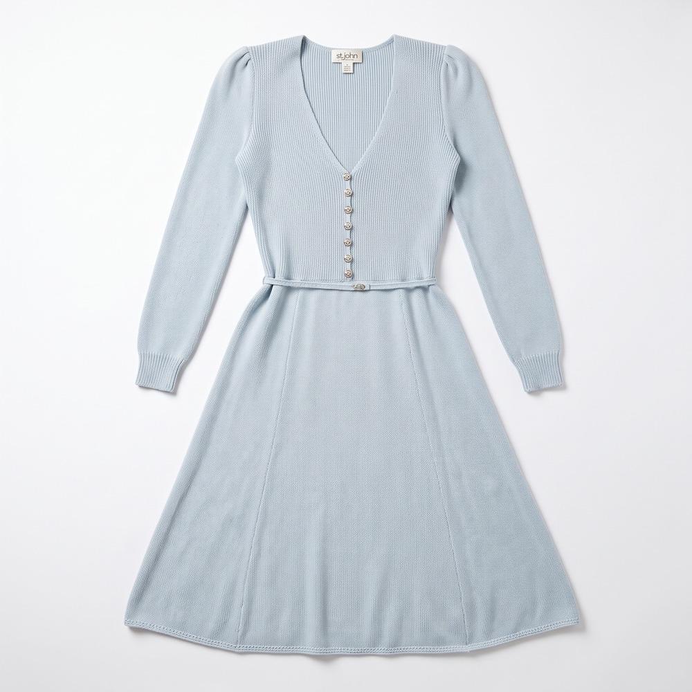 VTG St. John by Marie Gray Light Blue Knit V-Neck Midi Dress Gold Buttons Belted
